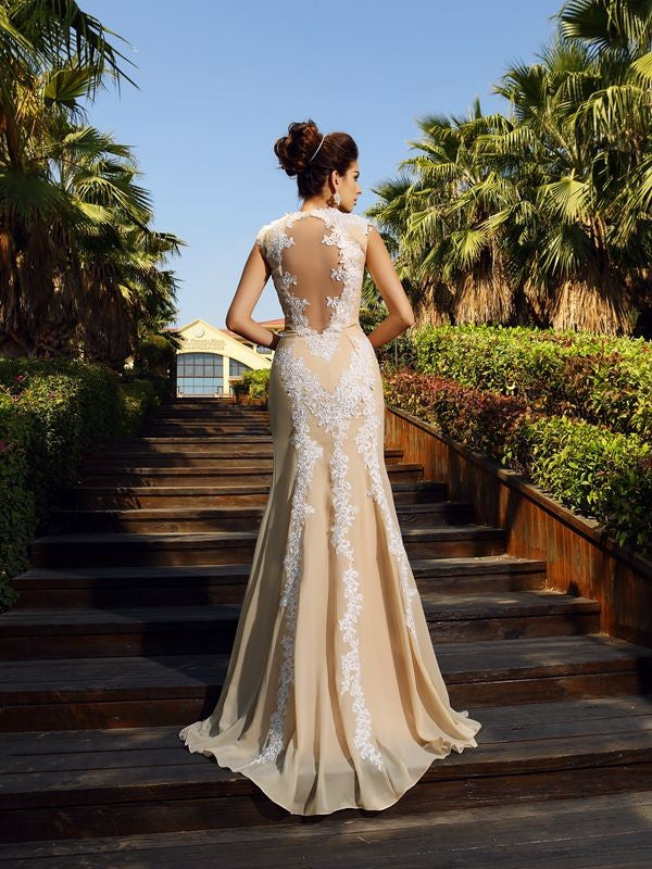 Sheath/Column High Neck Applique Sleeveless Long Chiffon Party Dresses Formal Dresses