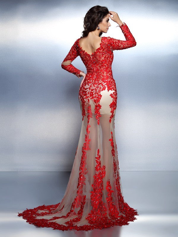 Trumpet/Mermaid V-neck Applique Long Sleeves Long Lace Party Dresses Formal  Dresses