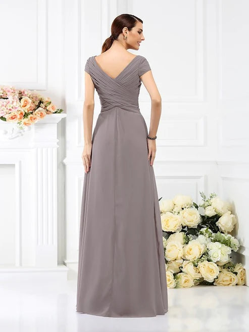 A-Line/Princess V-neck Pleats Short Sleeves Long Chiffon Bridesmaid Dresses Party Dresses Wedding Guest Dresses