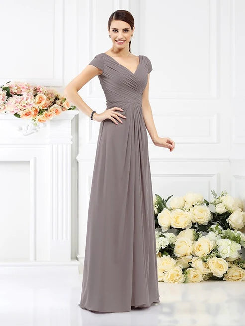 A-Line/Princess V-neck Pleats Short Sleeves Long Chiffon Bridesmaid Dresses Party Dresses Wedding Guest Dresses