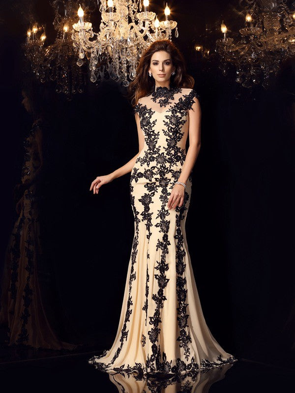 Trumpet/Mermaid High Neck Applique Sleeveless Long Chiffon Party Dresses Formal Dresses