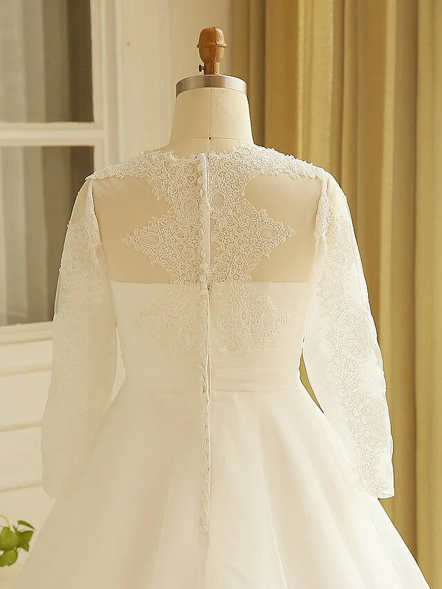 A-Line Wedding Dresses Jewel Neck Court Train Lace Long Sleeve Country Illusion Sleeve
