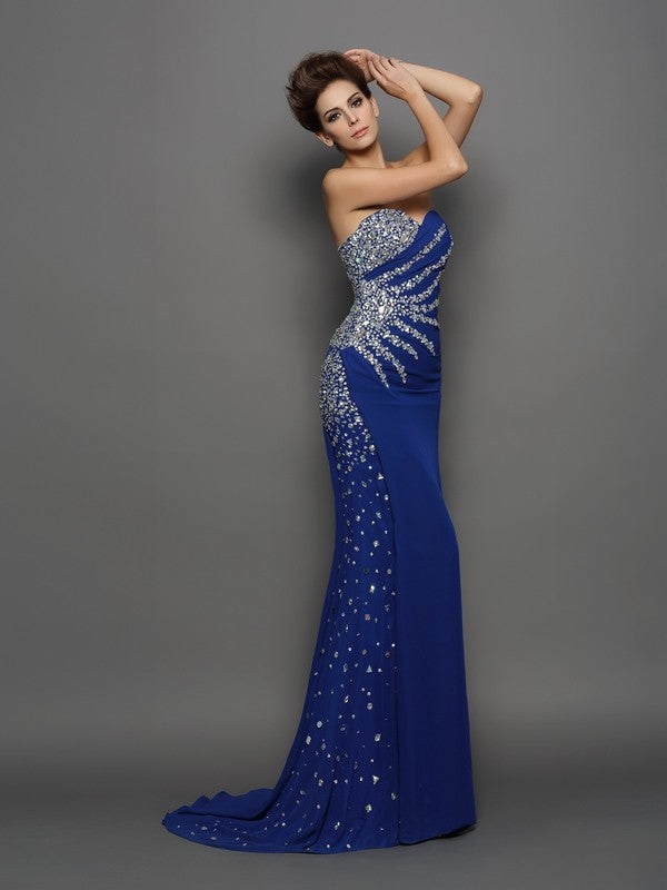 Trumpet/Mermaid Sweetheart Rhinestone Sleeveless Long Chiffon Party Dresses Formal Dresses