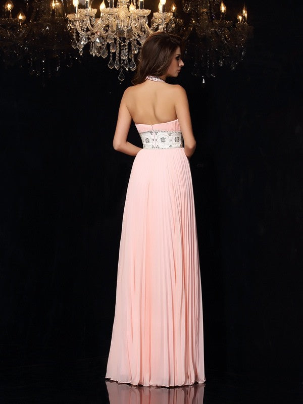 A-Line/Princess High Neck Pleats Sleeveless Long Chiffon Party Dresses Formal Dresses
