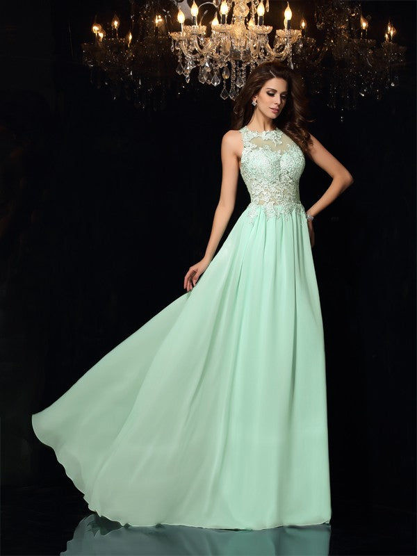 A-Line/Princess High Neck Applique Sleeveless Long Chiffon Party Dresses Formal Dresses
