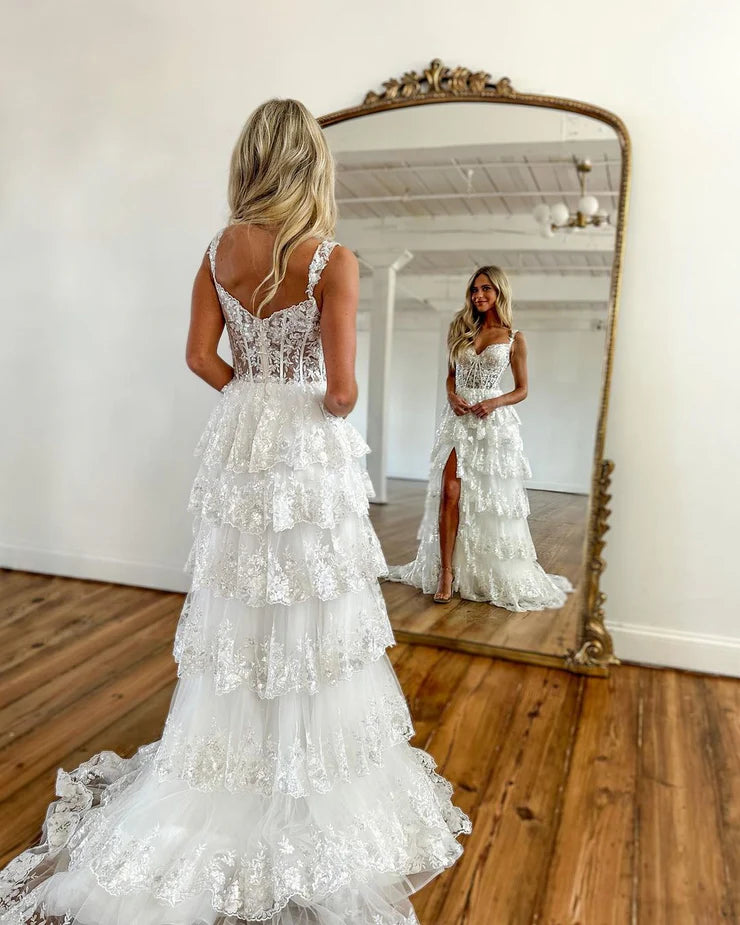 A Line Off the Shoulder Light Blue Sequins Lace Layers Long Prom Dresses with Slit