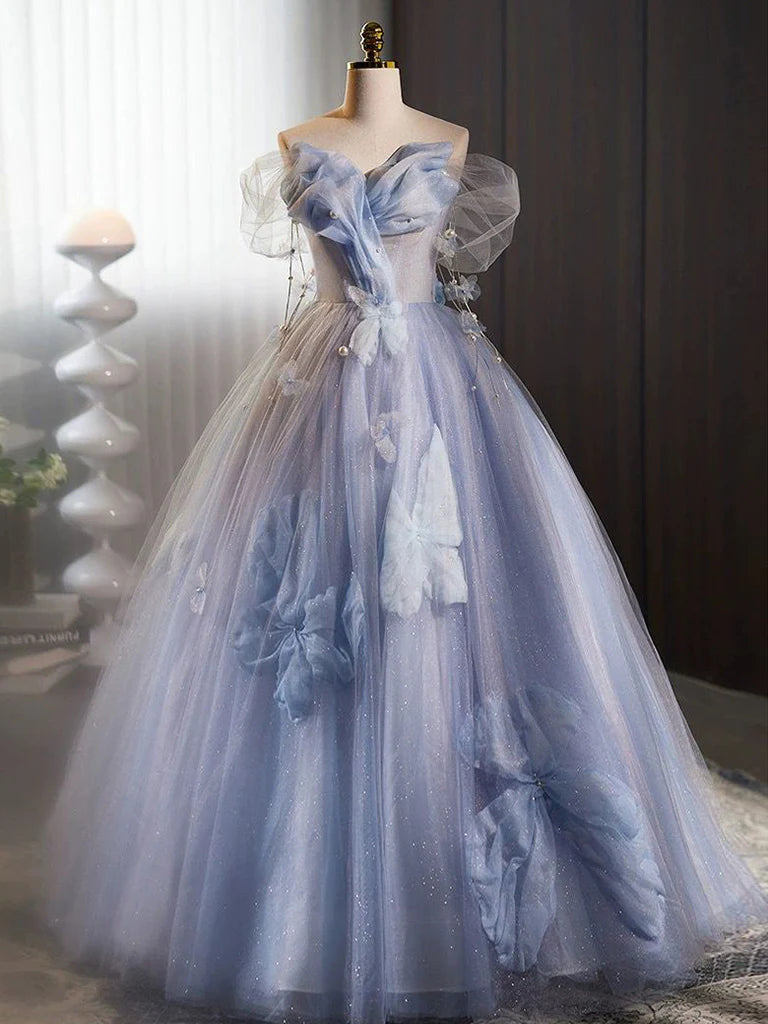 A-Line Off The Shoulder Tulle Flower Blue Long Prom Dress Blue Long Sweet 16 Dress