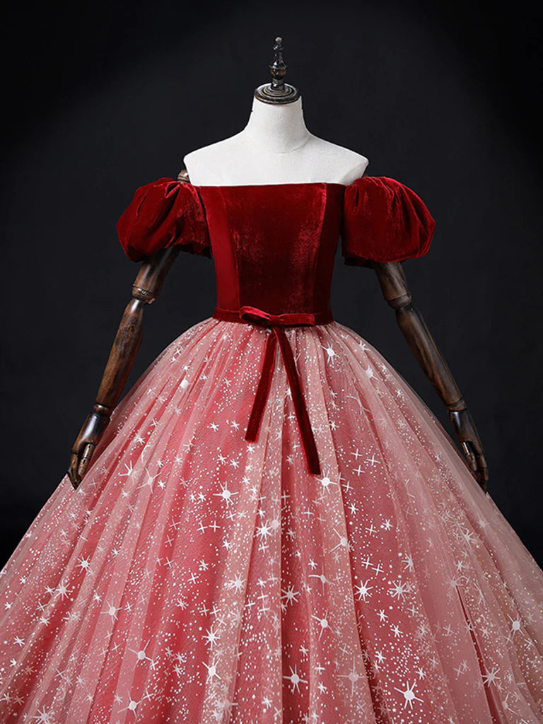 A-Line Ball Gown Quinceanera Dresses Princess Dress Tulle Long Prom Dress Burgundy Sweet 16 Dress