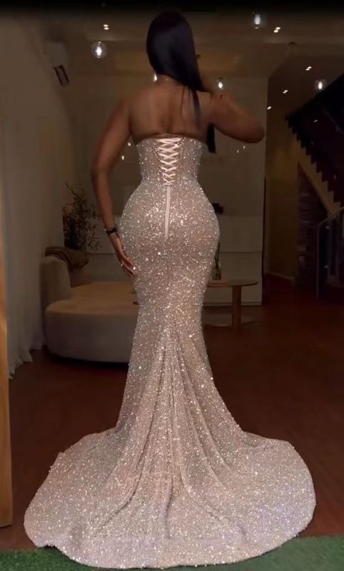 Mermaid Glitter Sparking Sequins Long Prom Dress Sweep/Brush Train Sleeveless Evening Party Dress With Slit