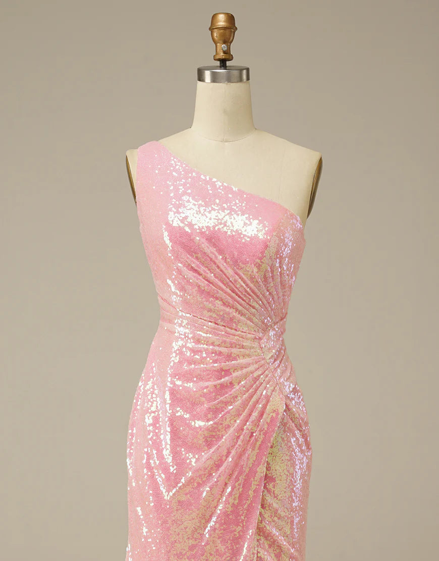 One Shoulder Sleek Glittering Sparkle Sheath Stunning Prom Dress