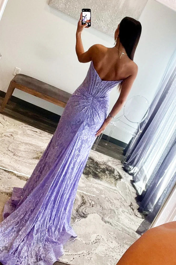 Mermaid Strapless Scoop Neck Lavender Sequins Lace Long Prom Dresses with Slit
