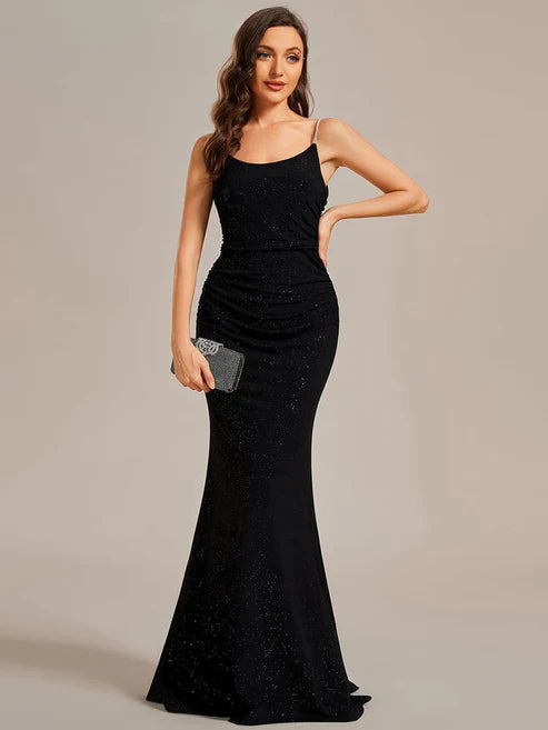 Glitter Spaghetti Strap U-Neck Open Back Bodycon Stretchy Evening Dress/Prom Dresses Party Dresses