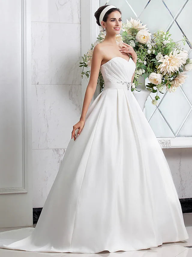 Princess A-Line Wedding Dresses Sweetheart Neckline Satin Sleeveless with Sash Ribbon Ruched Beading