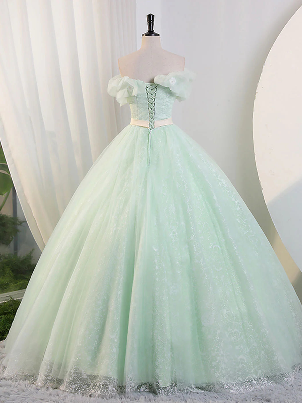 A-Line Ball Gown Quinceanera Dresses Princess Dress Off Shoulder Green Long Prom Dress, Green Sweet Dress