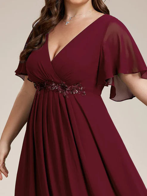 Plus Size Floral Applique Short Sleeve A-Line Chiffon Evening Dress/Prom Dresses Charming Party Dresses
