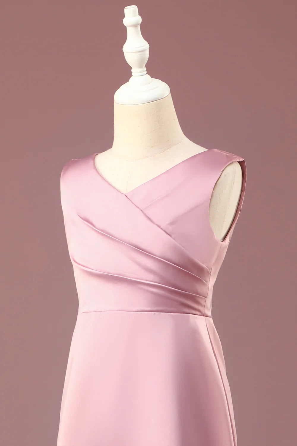 A-line Satin Pleated V-neck Long Junior Bridesmaid Dress