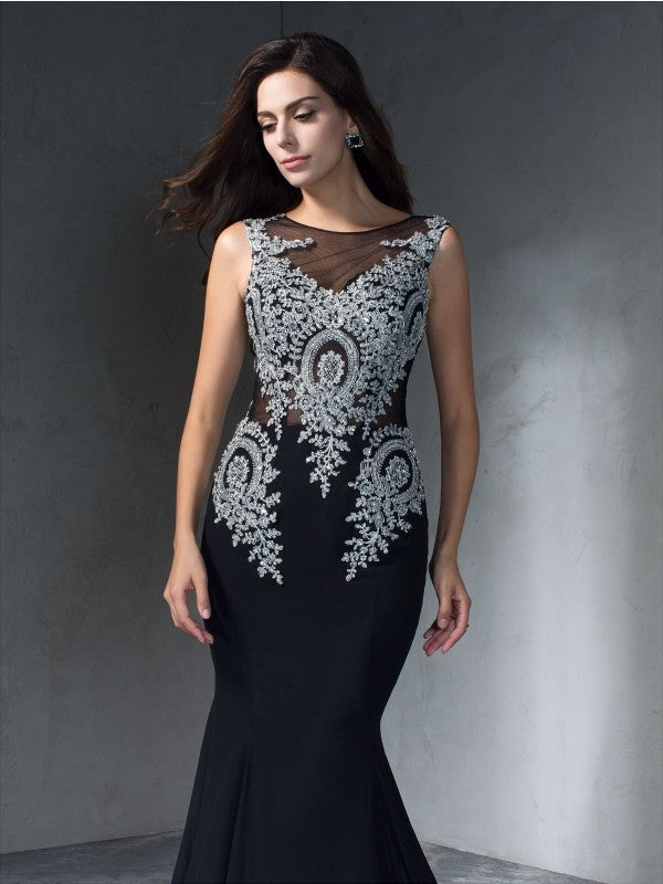 Trumpet/Mermaid Scoop Applique Sleeveless Long Chiffon Party Dresses Formal Dresses