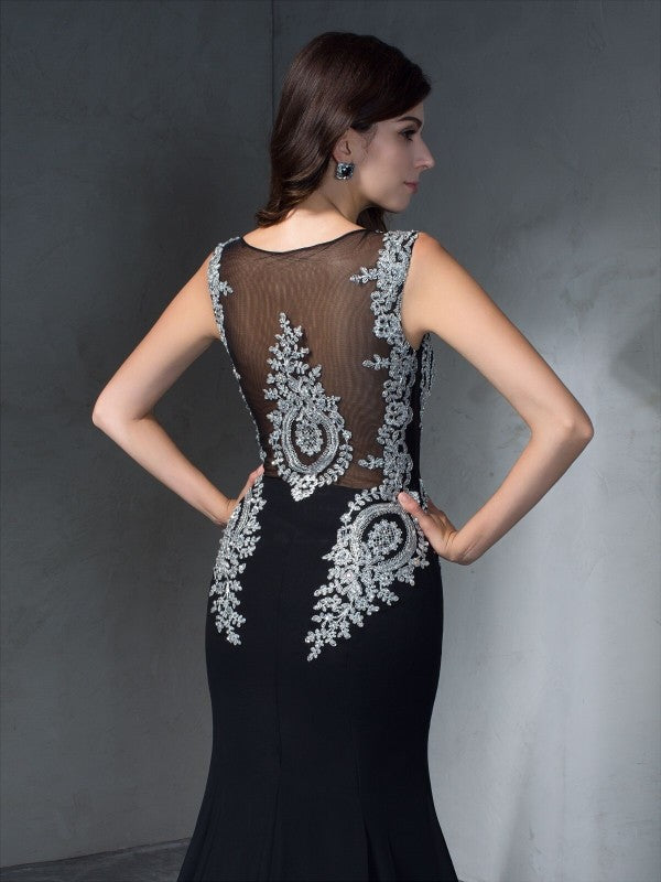 Trumpet/Mermaid Scoop Applique Sleeveless Long Chiffon Party Dresses Formal Dresses