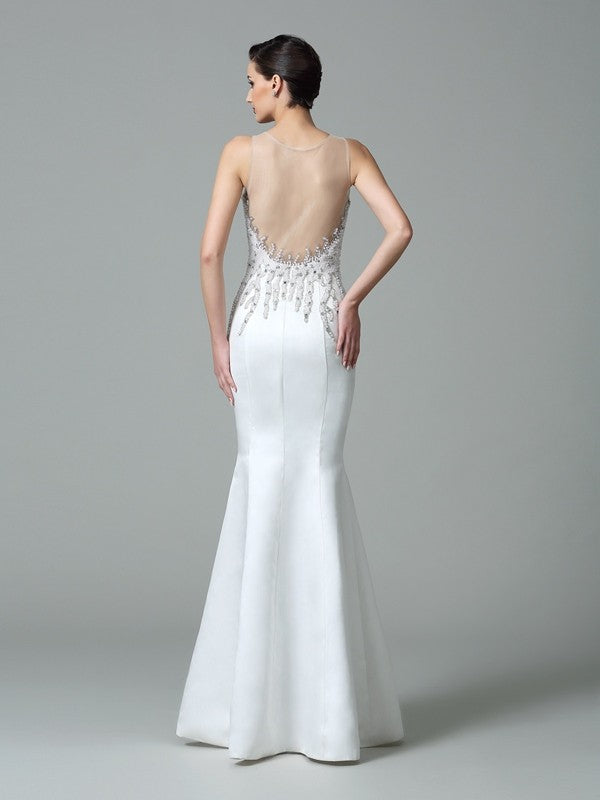 Trumpet/Mermaid Sheer Neck Applique Sleeveless Long Satin Dresses