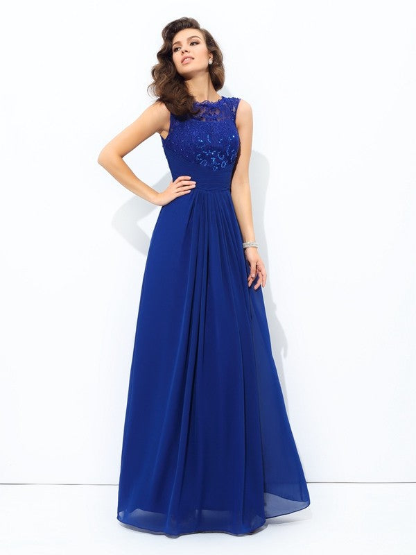 A-line/Princess Scoop Lace Sleeveless Long Chiffon Party Dresses Formal Dresses