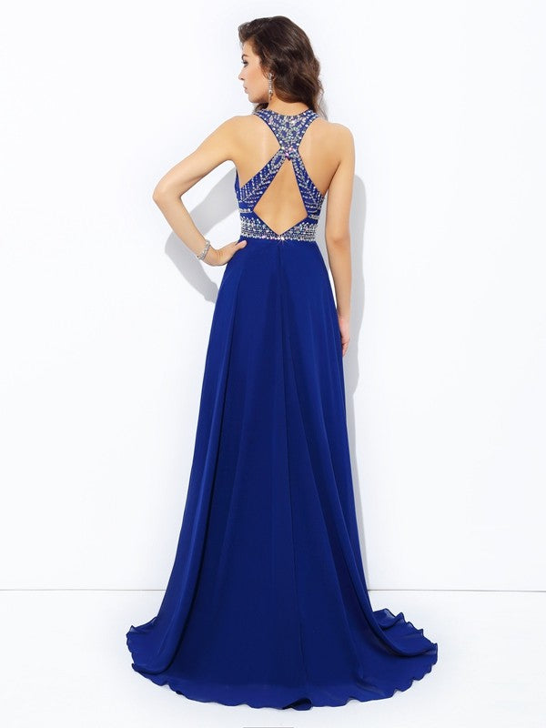 A-line/Princess Scoop Beading Sleeveless Long Chiffon Party Dresses Formal Dresses