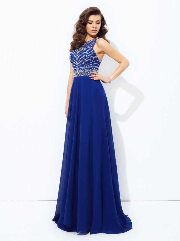 A-line/Princess Scoop Beading Sleeveless Long Chiffon Party Dresses Formal Dresses