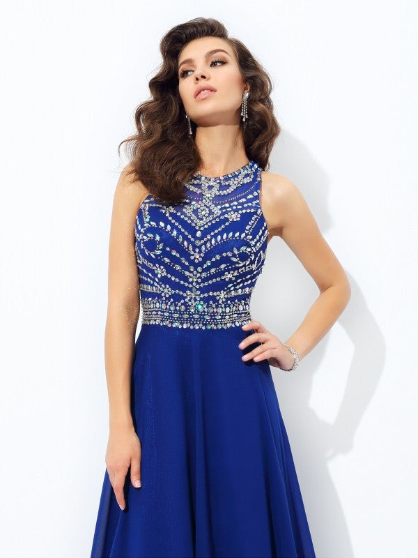 A-line/Princess Scoop Beading Sleeveless Long Chiffon Party Dresses Formal Dresses