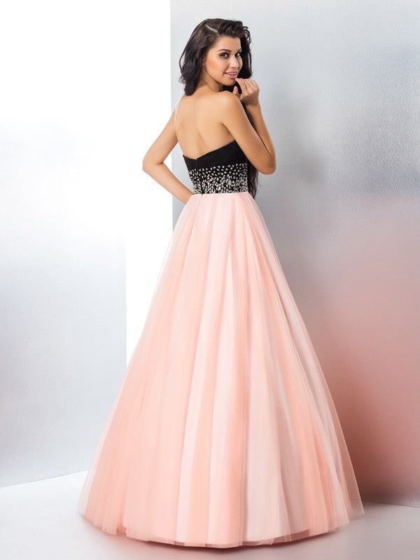 Ball Gown Sweetheart Beading Sleeveless Long Satin Quinceanera Dresses