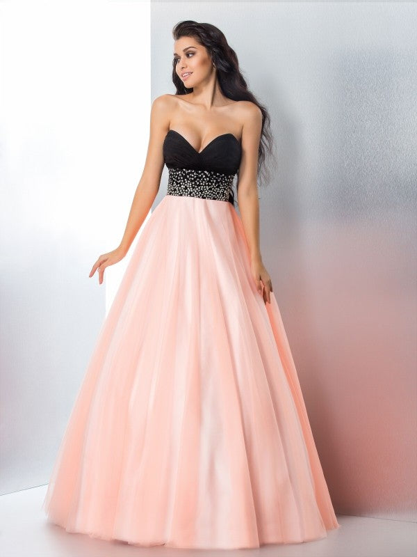 Ball Gown Sweetheart Beading Sleeveless Long Satin Quinceanera Dresses