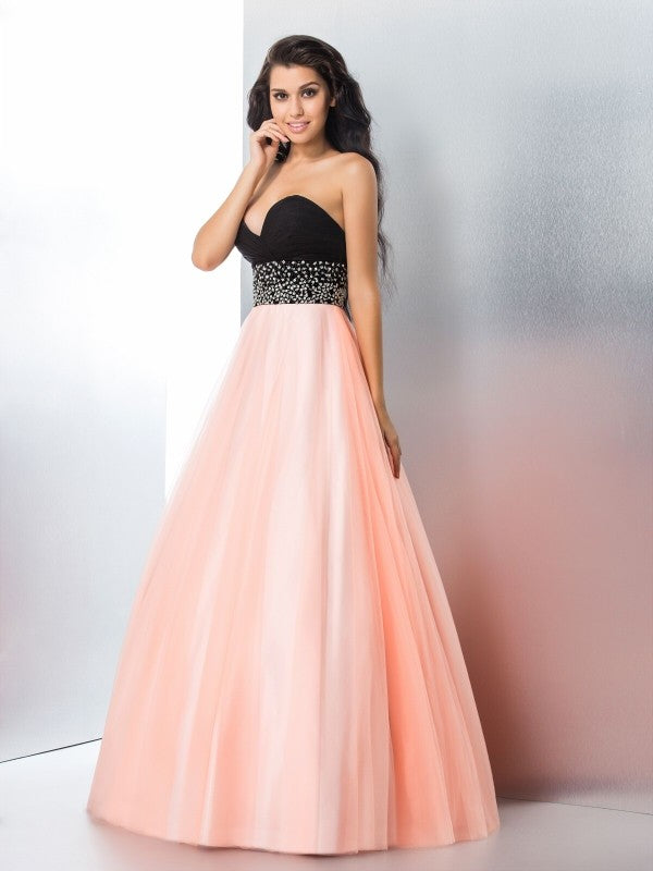 Ball Gown Sweetheart Beading Sleeveless Long Satin Quinceanera Dresses