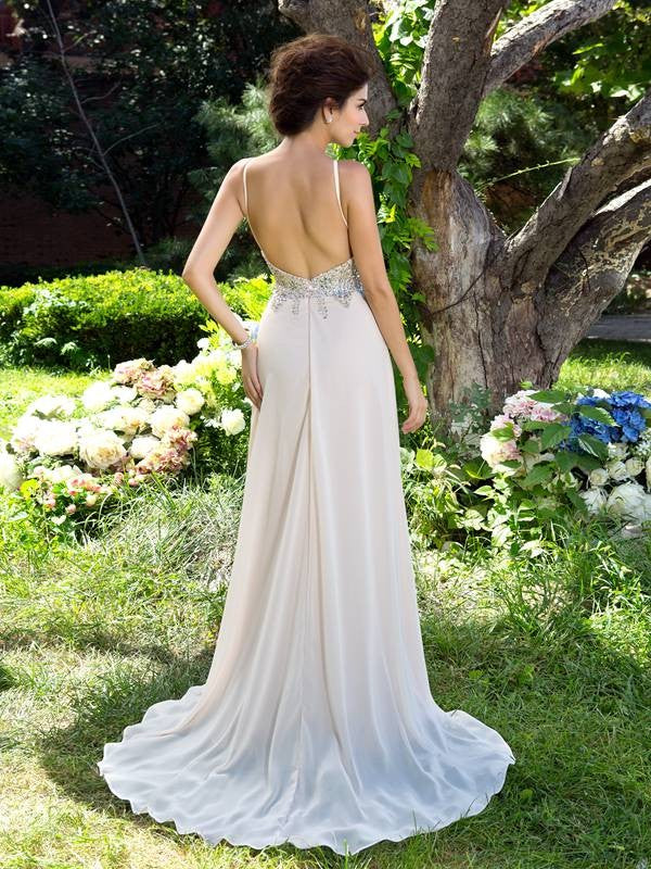 A-Line/Princess Spaghetti Straps Beading Sleeveless Long Chiffon Party Dresses Formal Dresses