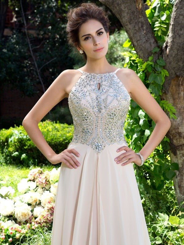 A-Line/Princess Spaghetti Straps Beading Sleeveless Long Chiffon Party Dresses Formal Dresses
