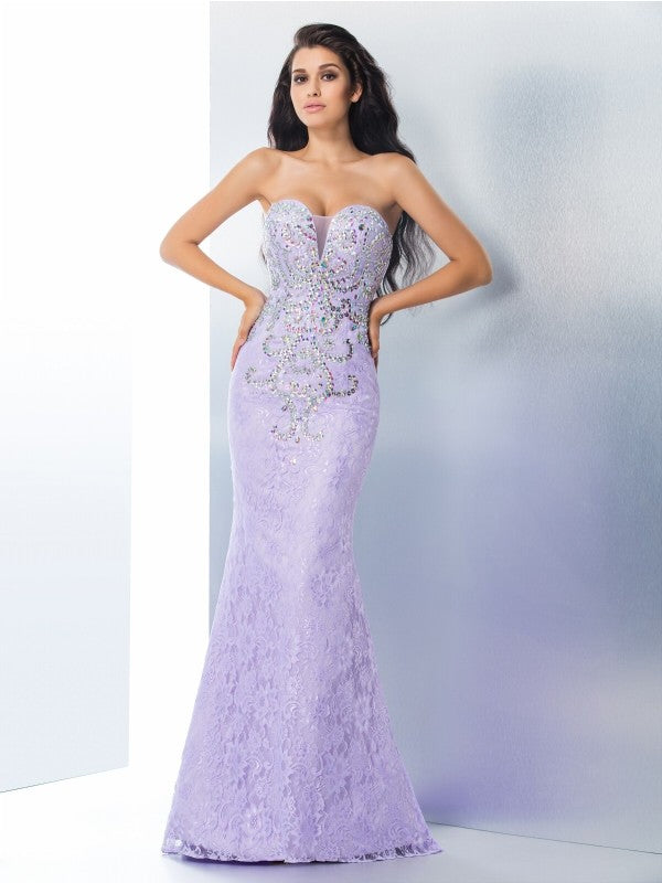 Trumpet/Mermaid Sweetheart Beading Sleeveless Long Lace Dresses