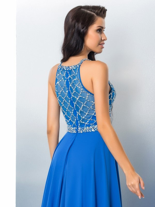 A-Line/Princess Scoop Beading Long Sleeveless Chiffon Dresses