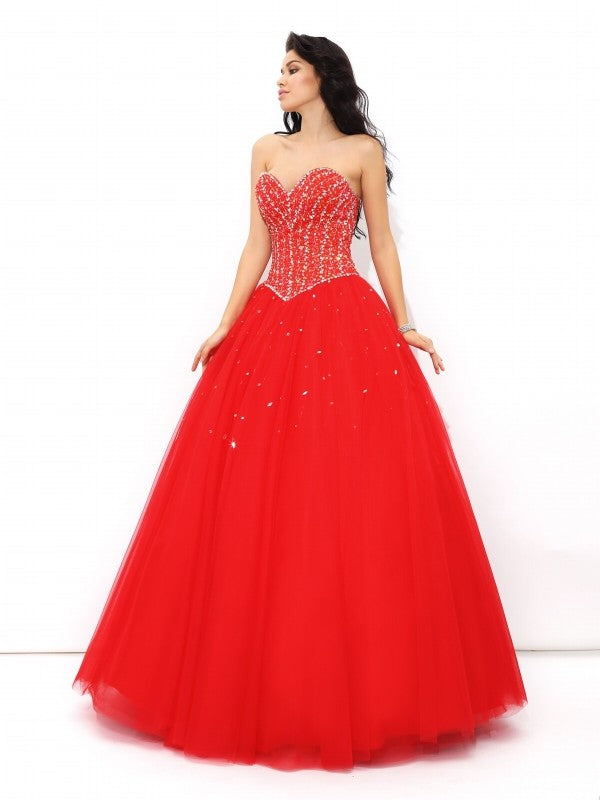 Ball Gown Sweetheart Beading Sleeveless Long Net Quinceanera Dresses