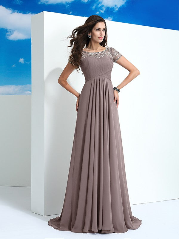 A-Line/Princess Sheer Neck Beading Short Sleeves Long Chiffon Party Dresses Formal Dresses