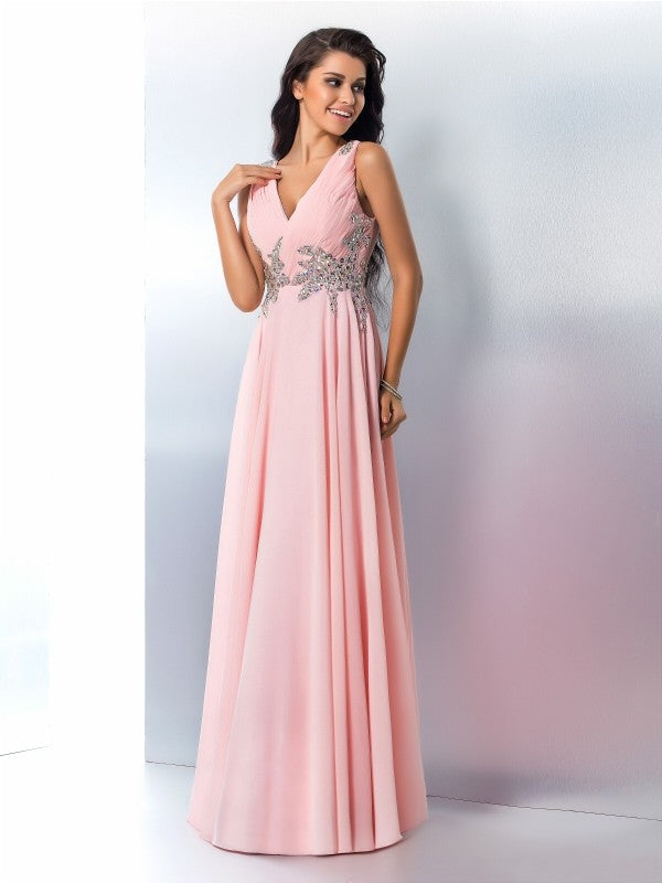 A-Line/Princess V-neck Beading Sleeveless Long Chiffon Dresses