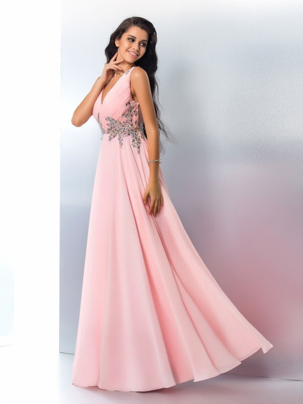 A-Line/Princess V-neck Beading Sleeveless Long Chiffon Dresses