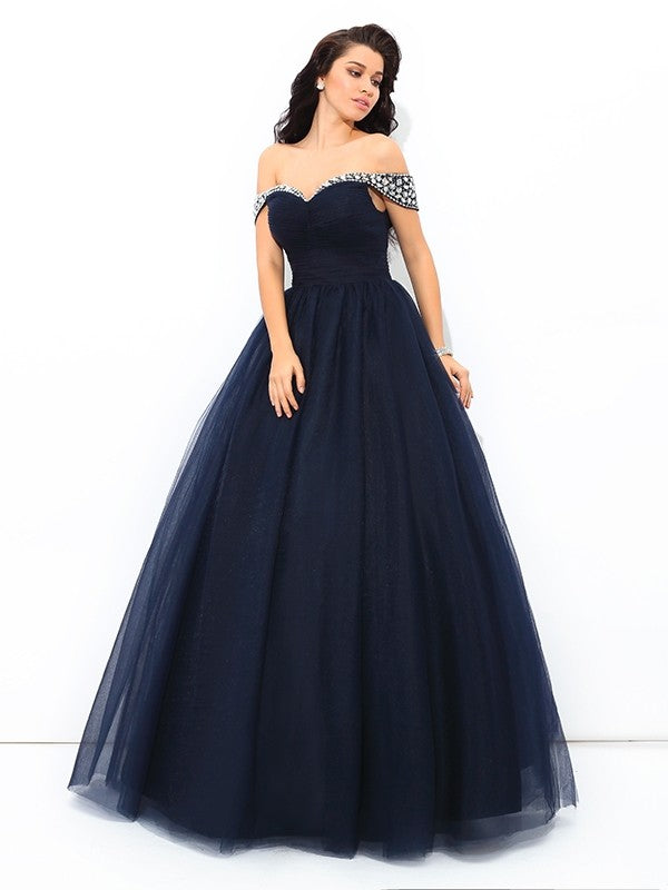 Ball Gown Off-the-Shoulder Beading Sleeveless Long Net Quinceanera Dresses