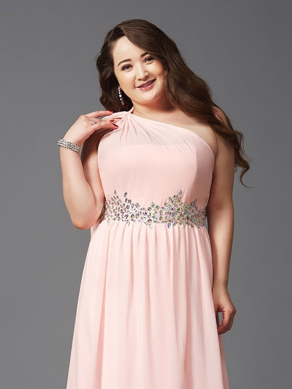 A-Line/Princess One-Shoulder Rhinestone Sleeveless Long Chiffon Plus Size Dresses