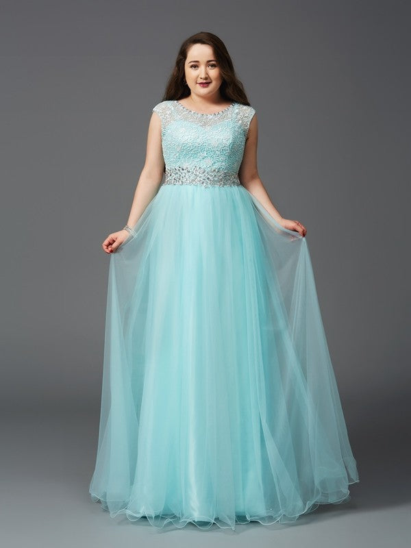 A-Line/Princess Scoop Rhinestone Sleeveless Long Tulle Plus Size Floor Length Dresses