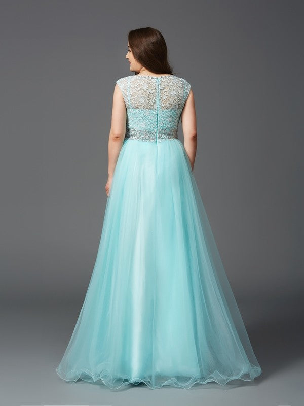 A-Line/Princess Scoop Rhinestone Sleeveless Long Tulle Plus Size Floor Length Dresses