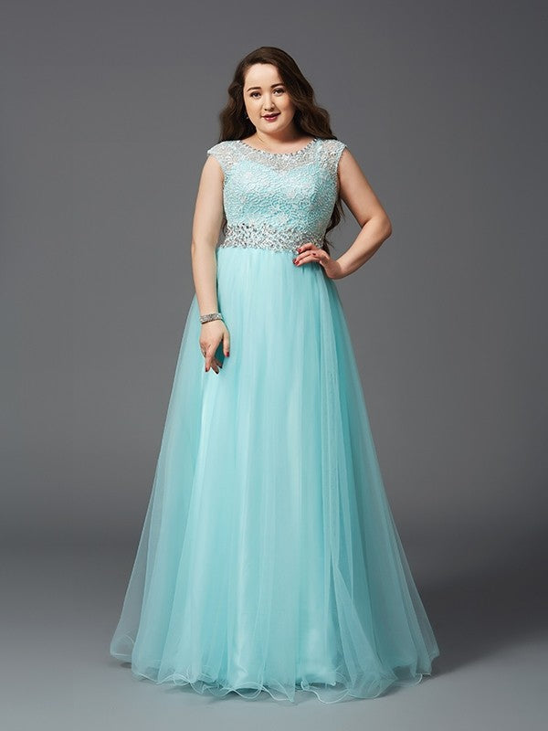 A-Line/Princess Scoop Rhinestone Sleeveless Long Tulle Plus Size Floor Length Dresses