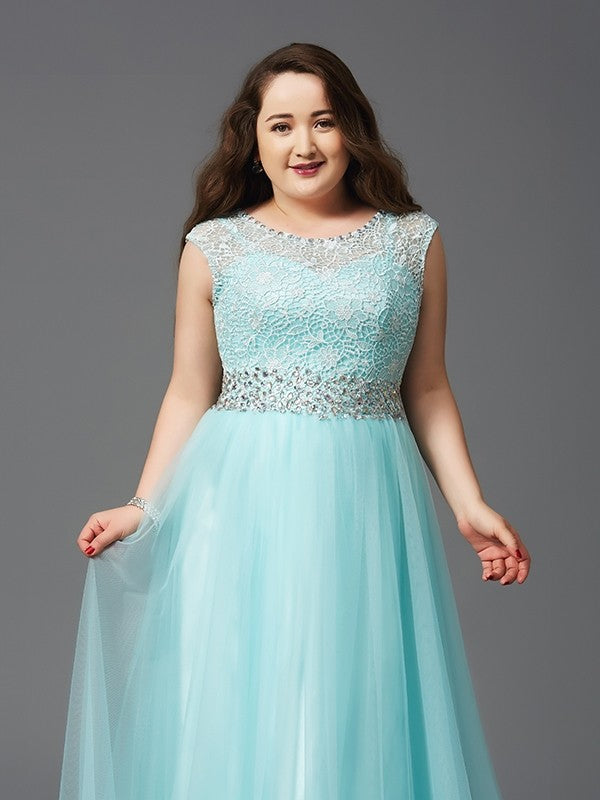 A-Line/Princess Scoop Rhinestone Sleeveless Long Tulle Plus Size Floor Length Dresses