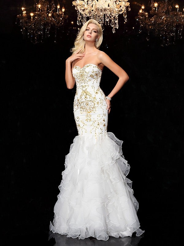 Trumpet/Mermaid Sweetheart Beading Sleeveless Long Organza Dresses