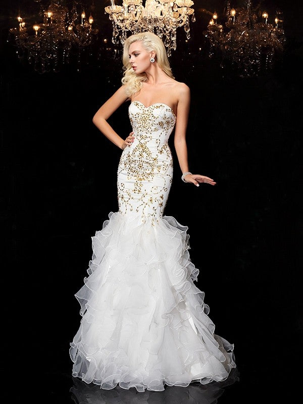 Trumpet/Mermaid Sweetheart Beading Sleeveless Long Organza Dresses