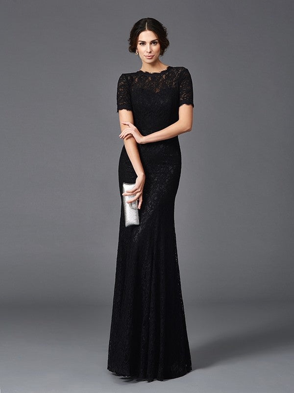 Sheath/Column Jewel Lace Short Sleeves Long Elastic Woven Satin Mother of the Bride Dresses