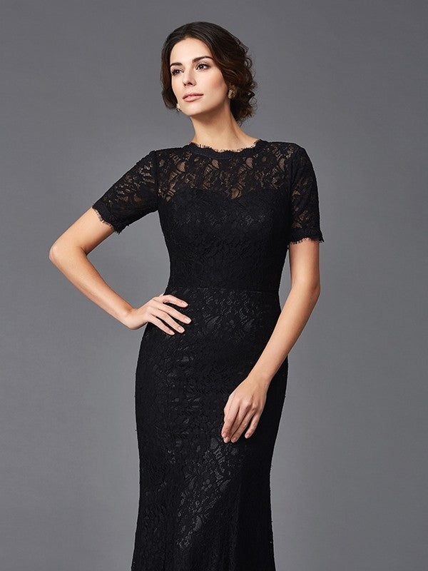 Sheath/Column Jewel Lace Short Sleeves Long Elastic Woven Satin Mother of the Bride Dresses
