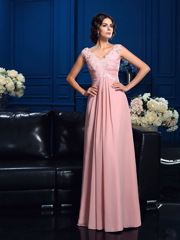 A-Line/Princess V-neck Applique Sleeveless Long Chiffon Mother of the Bride Dresses