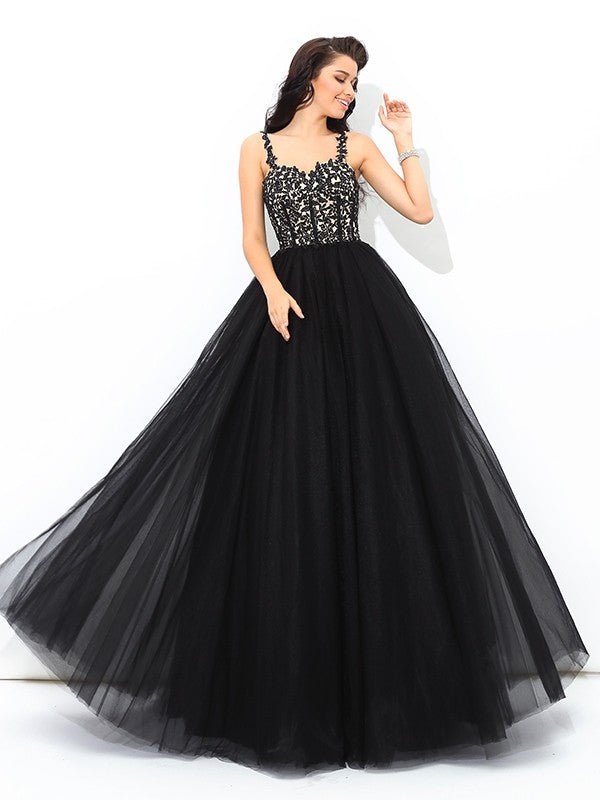 Ball Gown Straps Applique Sleeveless Long Net Quinceanera Dresses